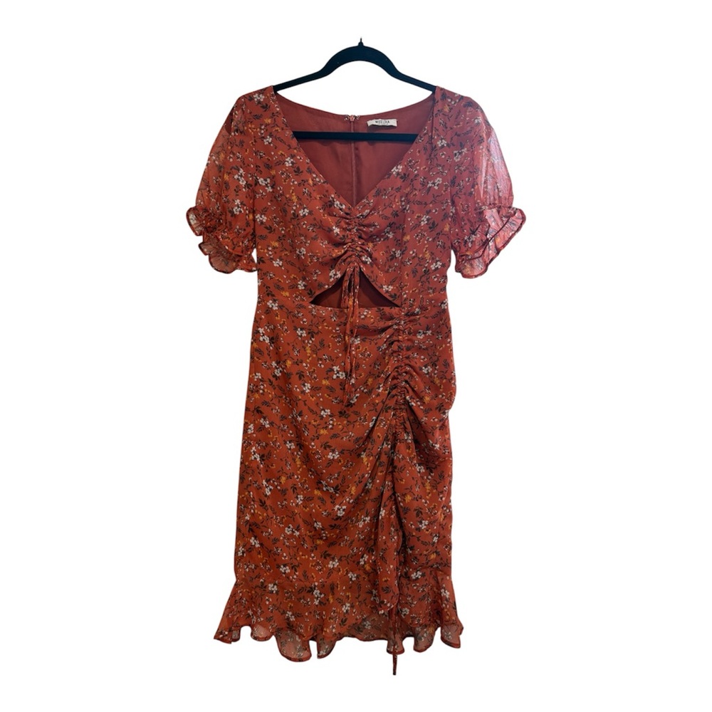 Miss Lola Rust Floral Ruched Front Cutout Midi Dress